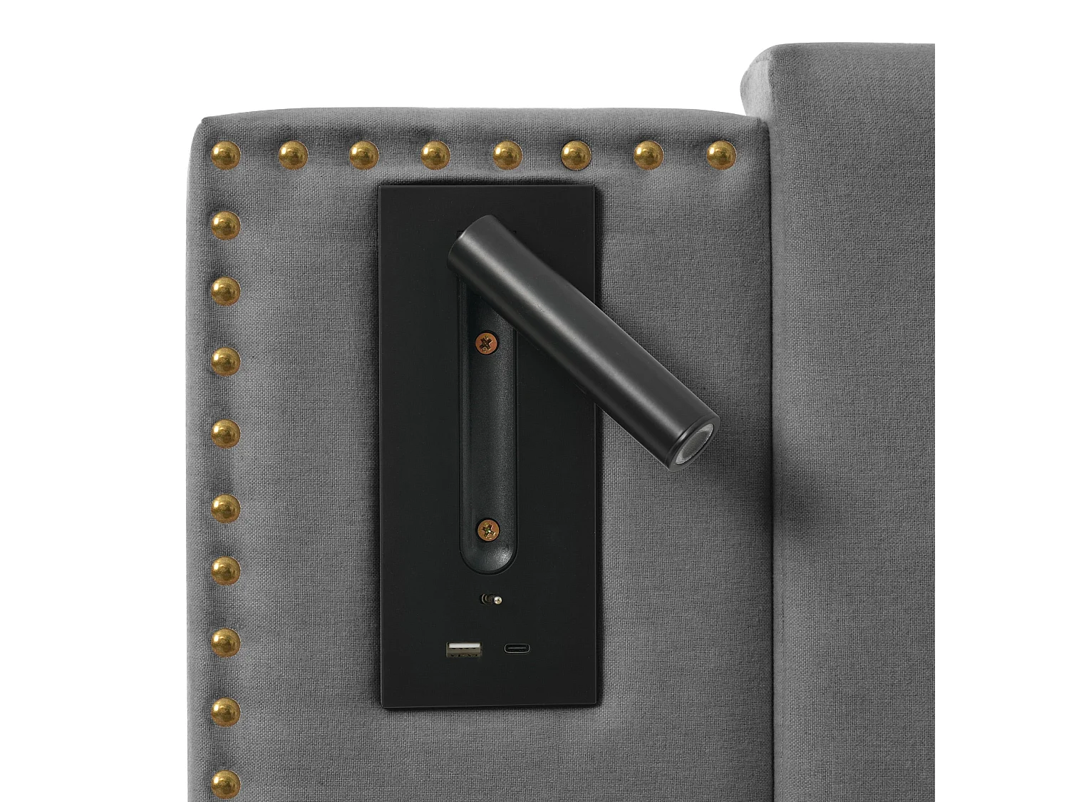 Lit double capitonné 180x200 cm, coton gris, avec lampe de lecture, ports USB et Type-C, rangement hydraulique, sans matelas