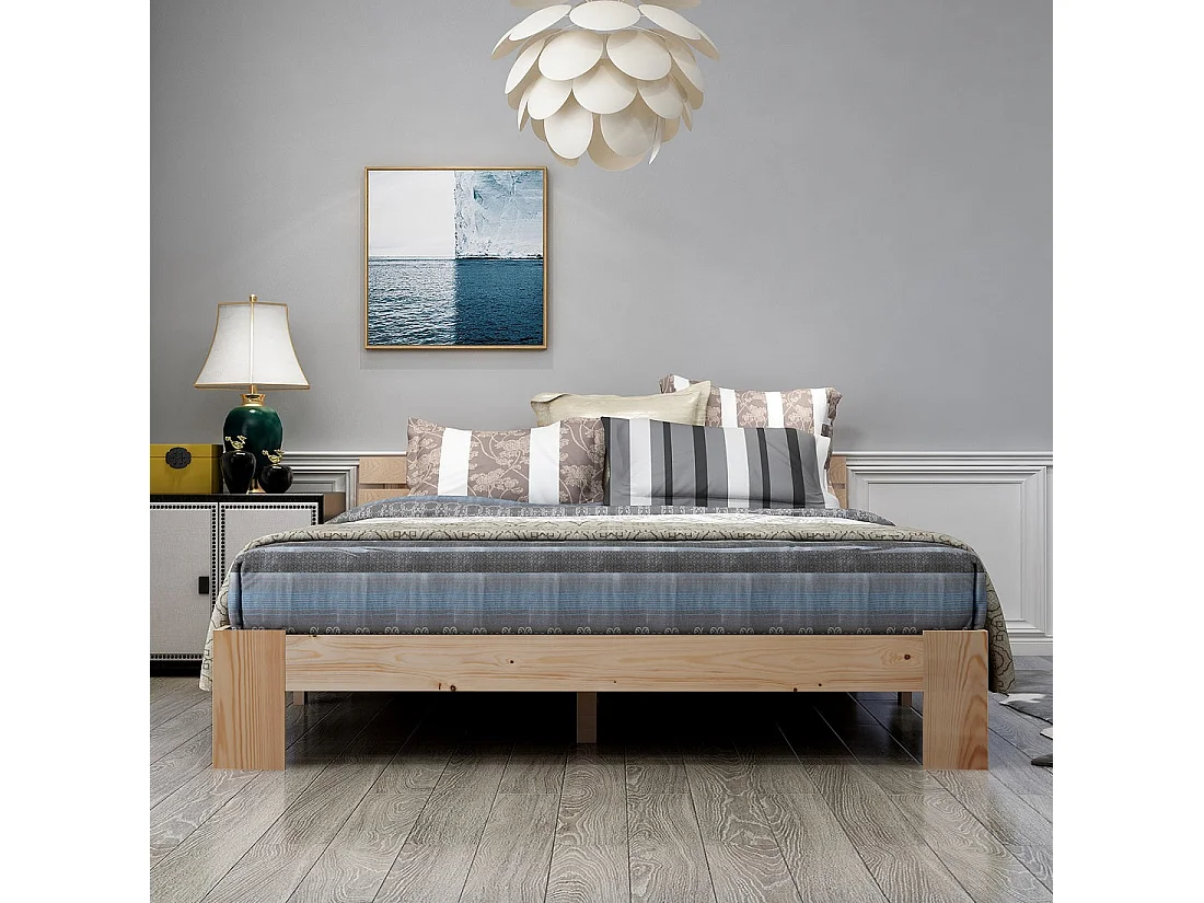 Lit double en bois massif 140x200 cm, couleur naturelle, avec sommier à lattes, cadre robuste et rangement sous lit, sans matelas