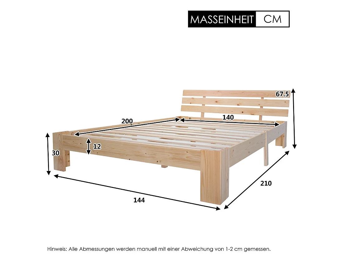 Lit double en bois massif 140x200 cm, couleur naturelle, avec sommier à lattes, cadre robuste et rangement sous lit, sans matelas
