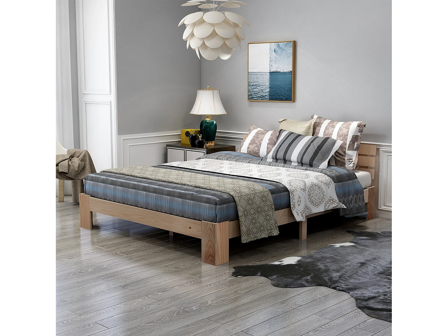 Lit double en bois massif 140x200 cm, couleur naturelle, avec sommier à lattes, cadre robuste et rangement sous lit, sans matelas