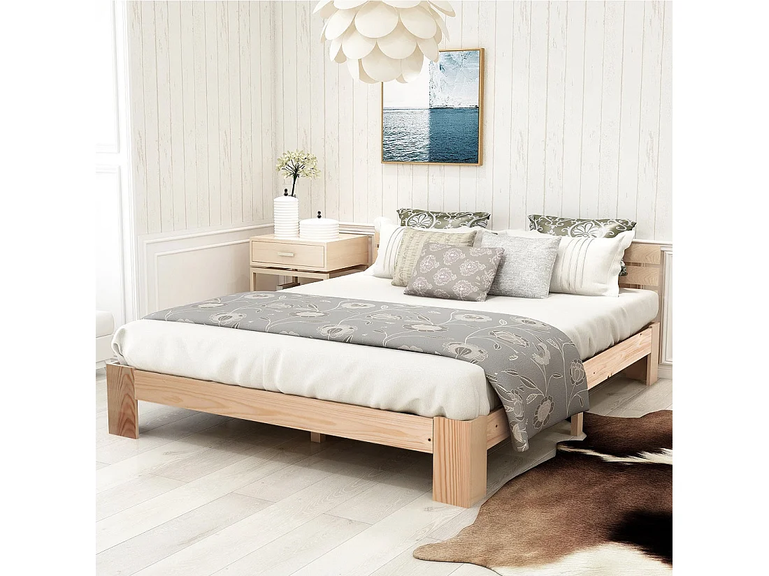Lit double en bois massif 140x200 cm, couleur naturelle, avec sommier à lattes, cadre robuste et rangement sous lit, sans matelas