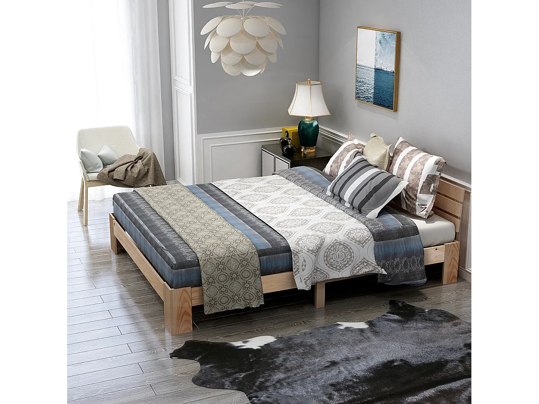 Lit double en bois massif 140x200 cm, couleur naturelle, avec sommier à lattes, cadre robuste et rangement sous lit, sans matelas