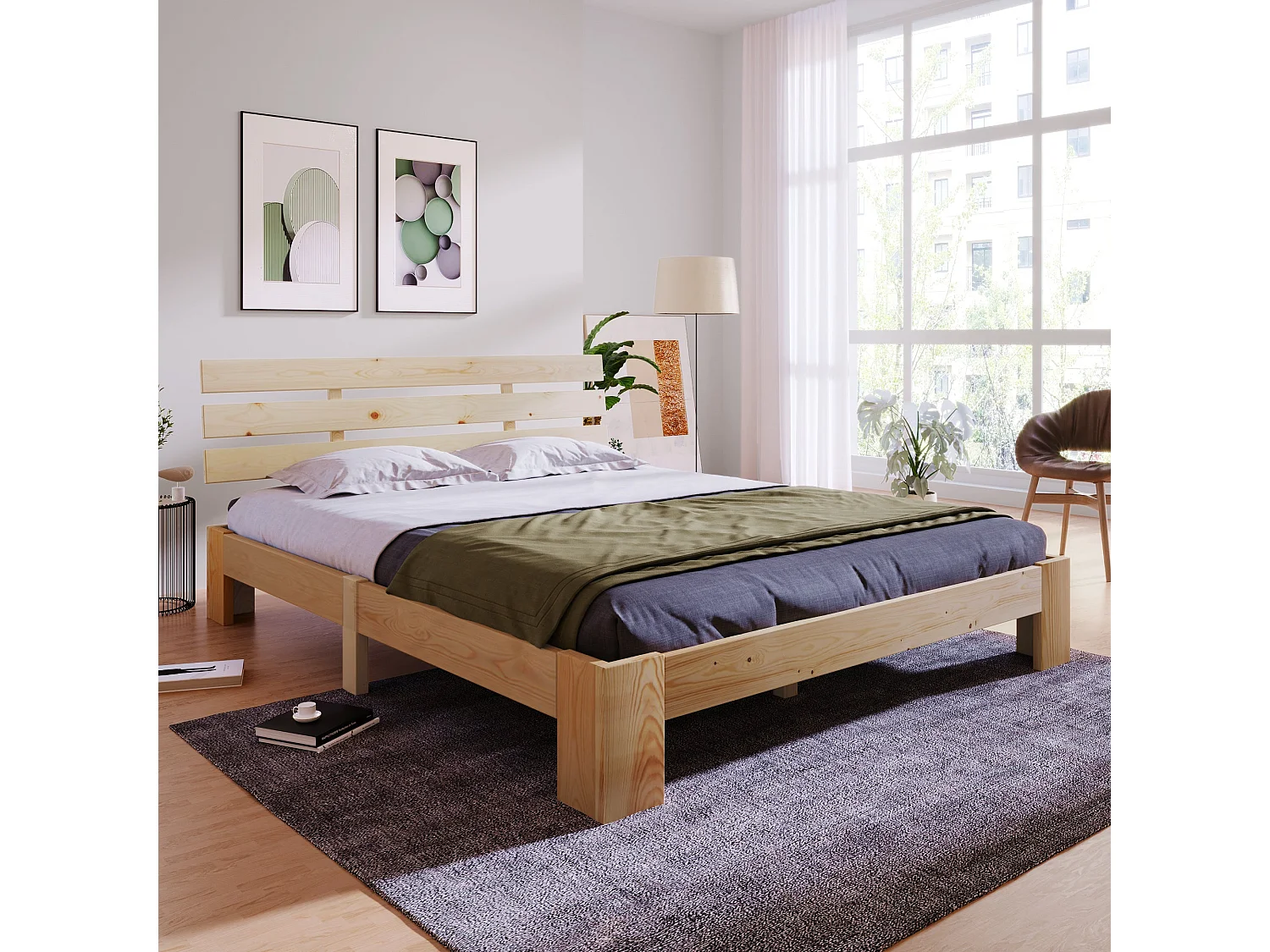 Lit double en bois massif 140x200 cm, couleur naturelle, avec sommier à lattes, cadre robuste et rangement sous lit, sans matelas