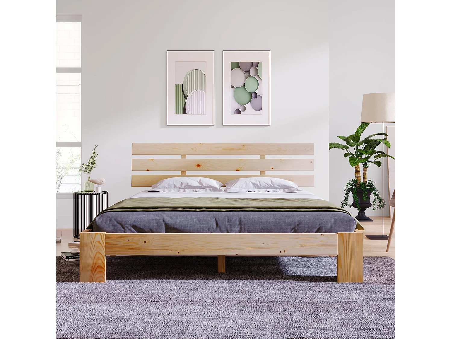Lit double en bois massif 140x200 cm, couleur naturelle, avec sommier à lattes, cadre robuste et rangement sous lit, sans matelas