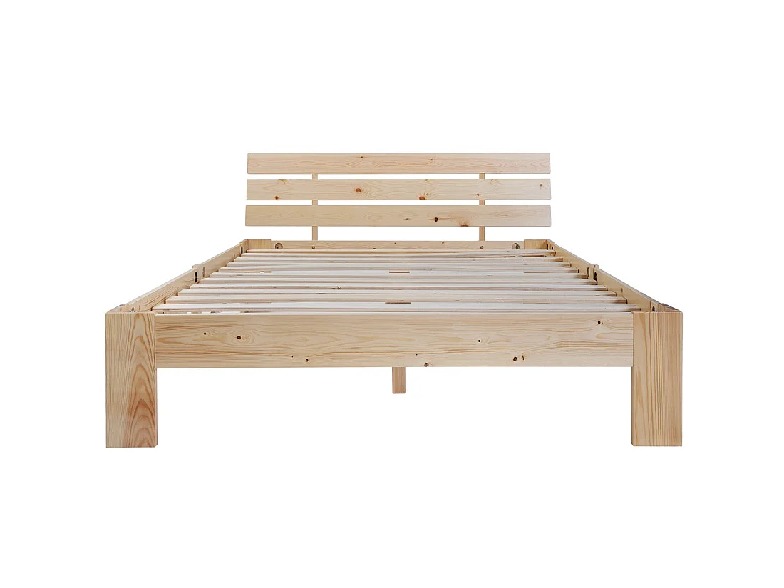 Lit double en bois massif 140x200 cm, couleur naturelle, avec sommier à lattes, cadre robuste et rangement sous lit, sans matelas