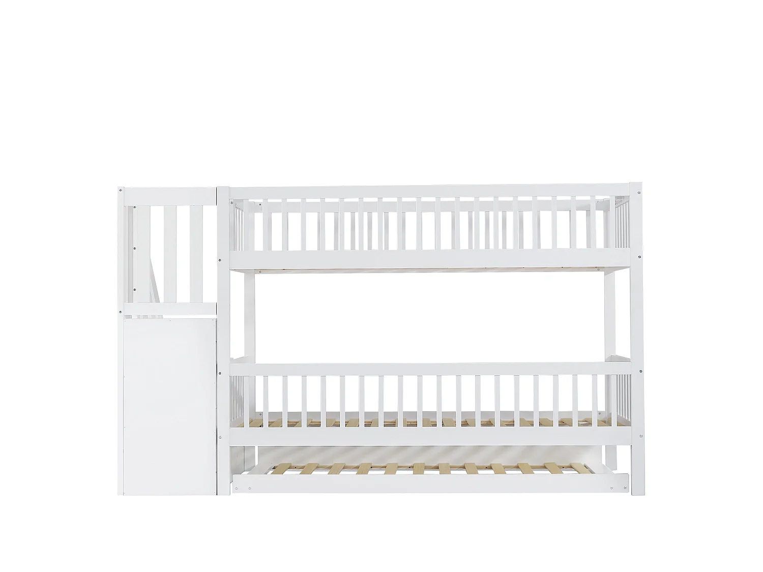 Lit superposé avec lit gigogne 90x200 cm, bois massif blanc, avec échelle-rangement et garde-corps, sans matelas