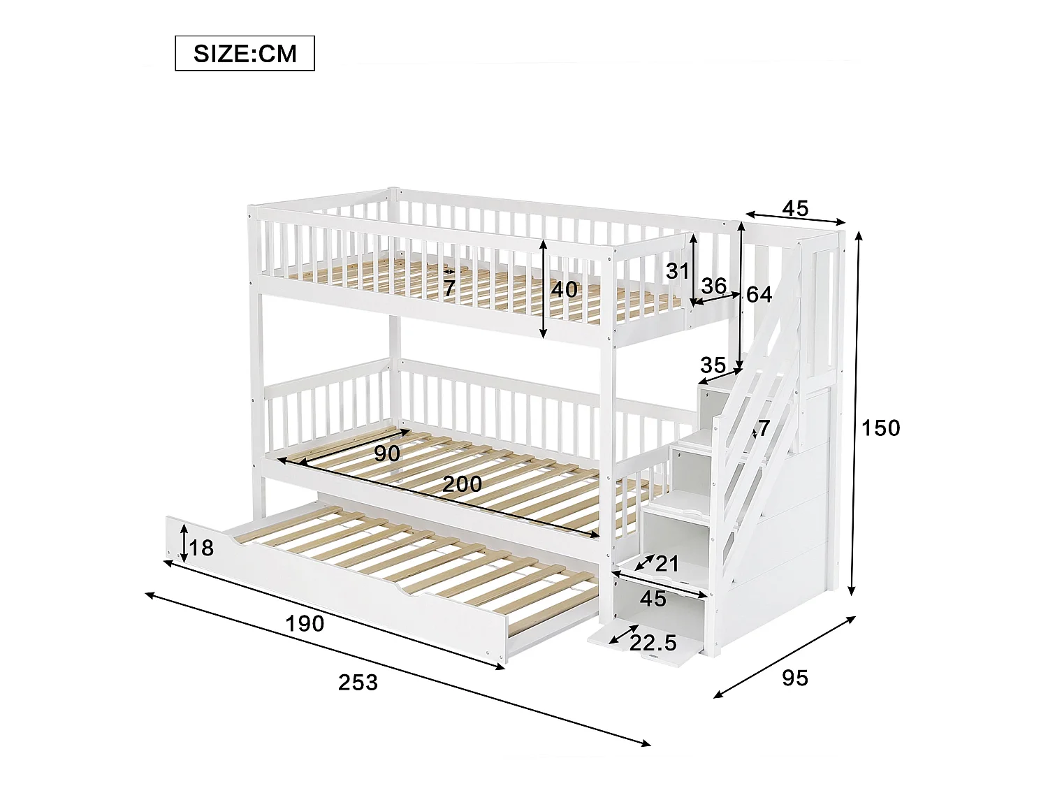 Lit superposé avec lit gigogne 90x200 cm, bois massif blanc, avec échelle-rangement et garde-corps, sans matelas