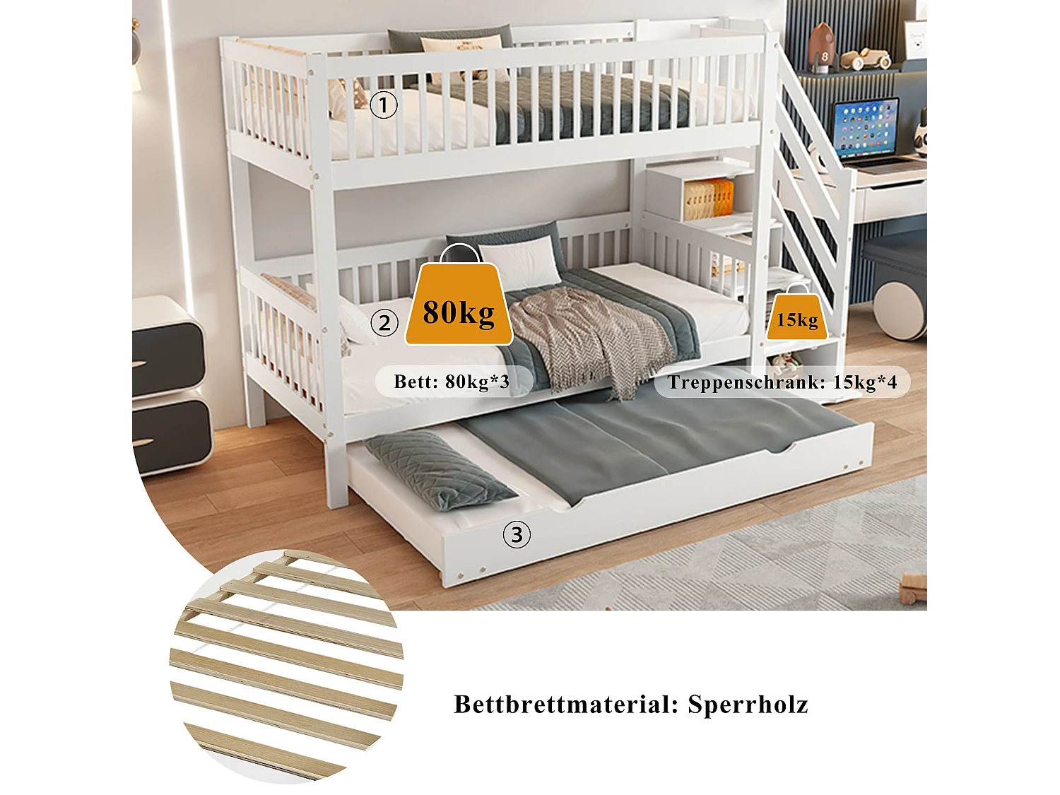 Lit superposé avec lit gigogne 90x200 cm, bois massif blanc, avec échelle-rangement et garde-corps, sans matelas