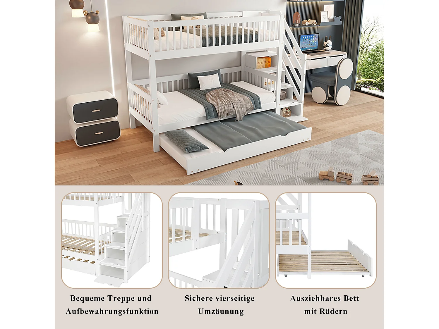 Lit superposé avec lit gigogne 90x200 cm, bois massif blanc, avec échelle-rangement et garde-corps, sans matelas