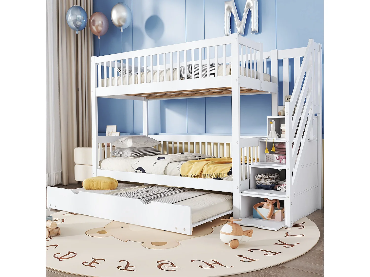 Lit superposé avec lit gigogne 90x200 cm, bois massif blanc, avec échelle-rangement et garde-corps, sans matelas