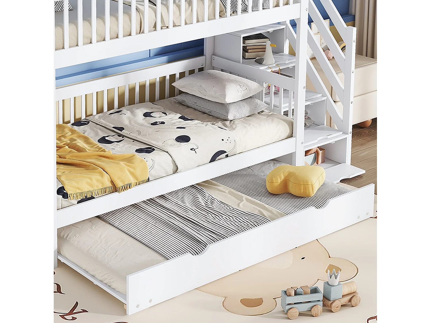 Lit superposé avec lit gigogne 90x200 cm, bois massif blanc, avec échelle-rangement et garde-corps, sans matelas
