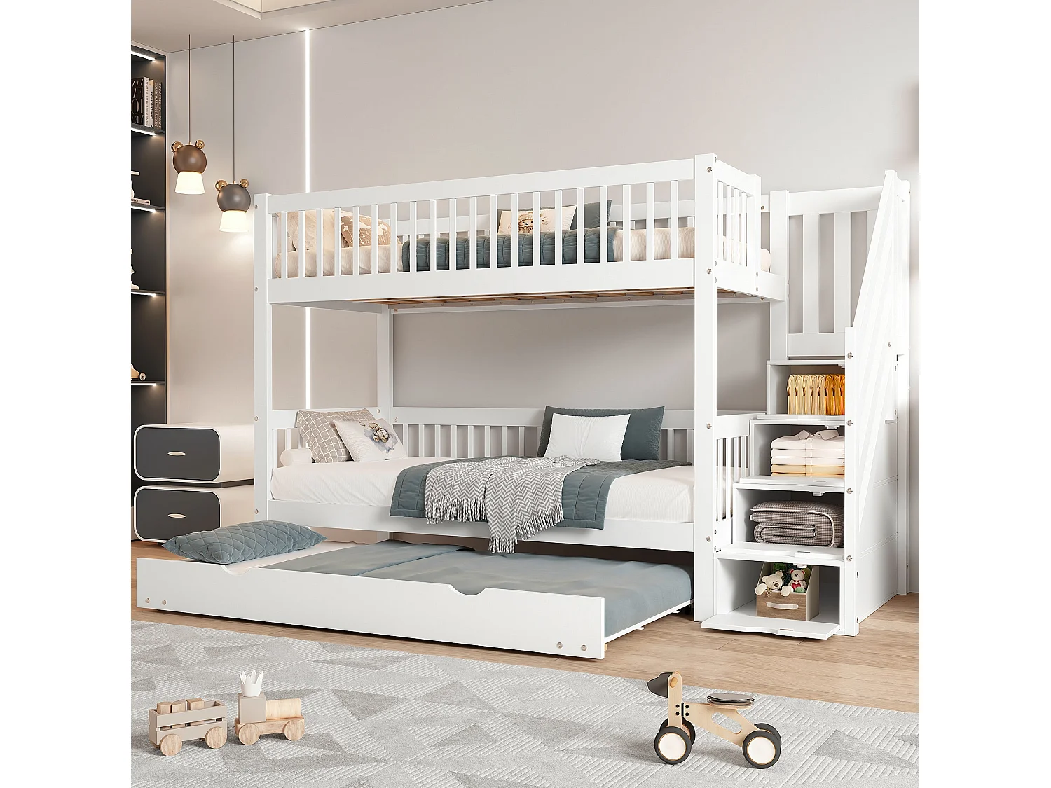 Lit superposé avec lit gigogne 90x200 cm, bois massif blanc, avec échelle-rangement et garde-corps, sans matelas