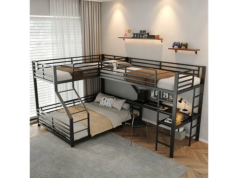Litera 3 plazas 90/140x200cm, con escritorio, enchufe doble, USB y Type-C, Negro