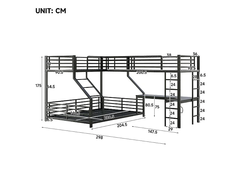 Litera 3 plazas 90/140x200cm, con escritorio, enchufe doble, USB y Type-C, Negro