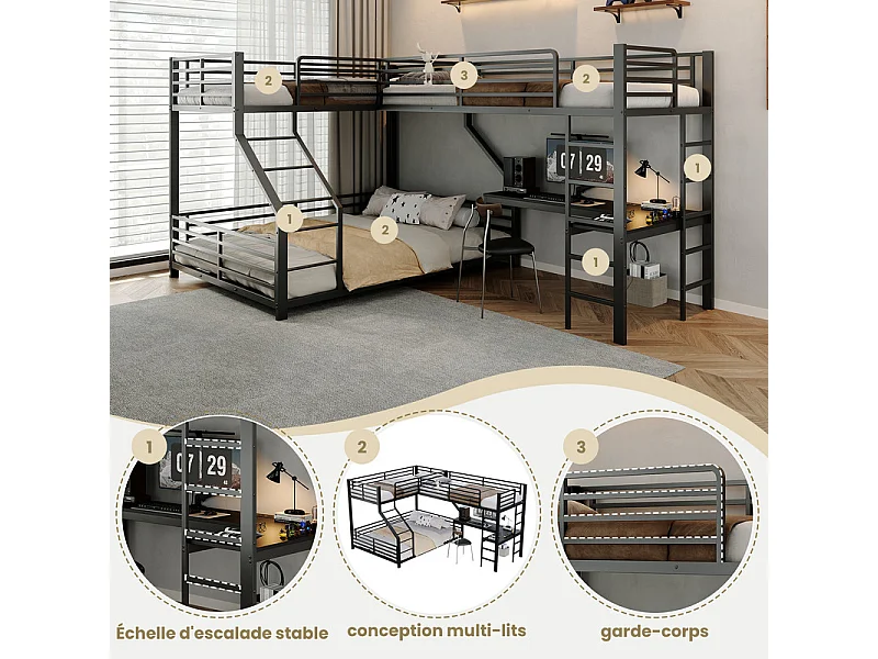 Litera 3 plazas 90/140x200cm, con escritorio, enchufe doble, USB y Type-C, Negro