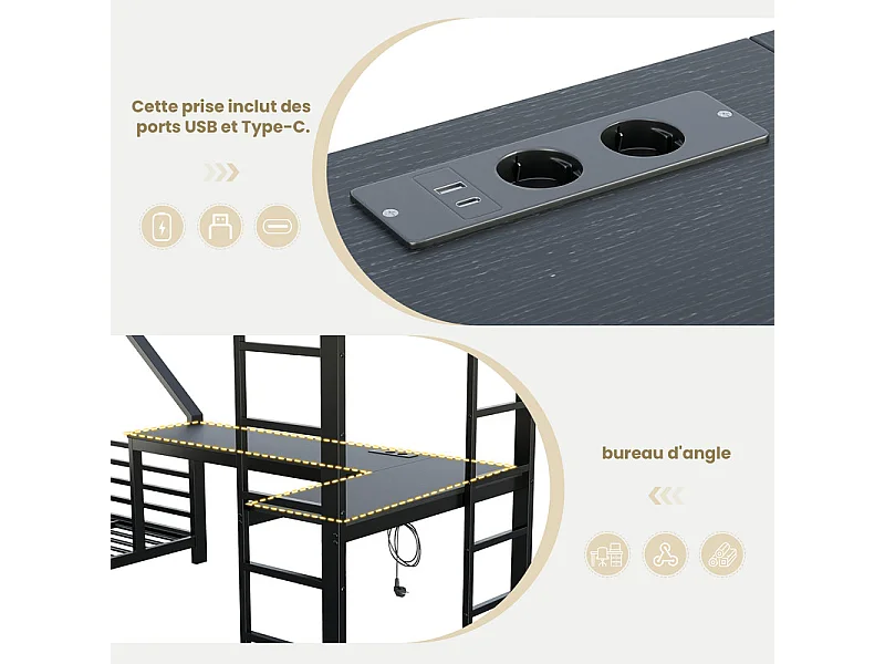 Litera 3 plazas 90/140x200cm, con escritorio, enchufe doble, USB y Type-C, Negro
