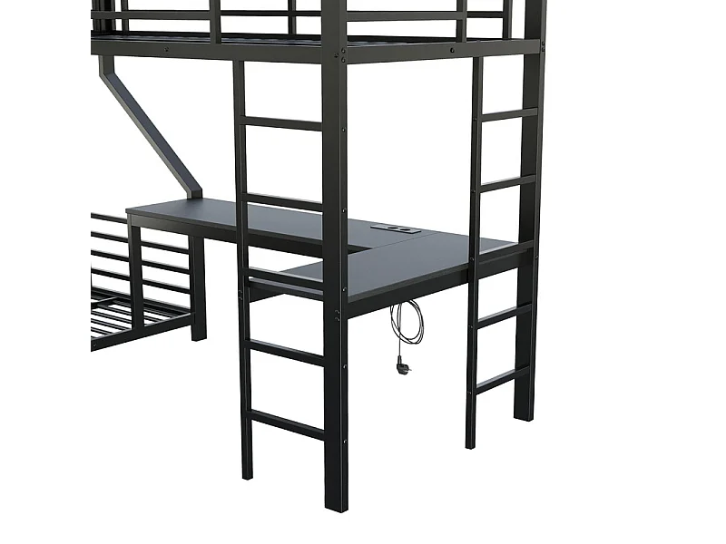 Litera 3 plazas 90/140x200cm, con escritorio, enchufe doble, USB y Type-C, Negro