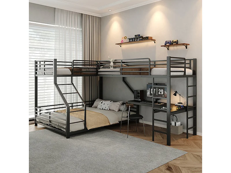 Litera 3 plazas 90/140x200cm, con escritorio, enchufe doble, USB y Type-C, Negro