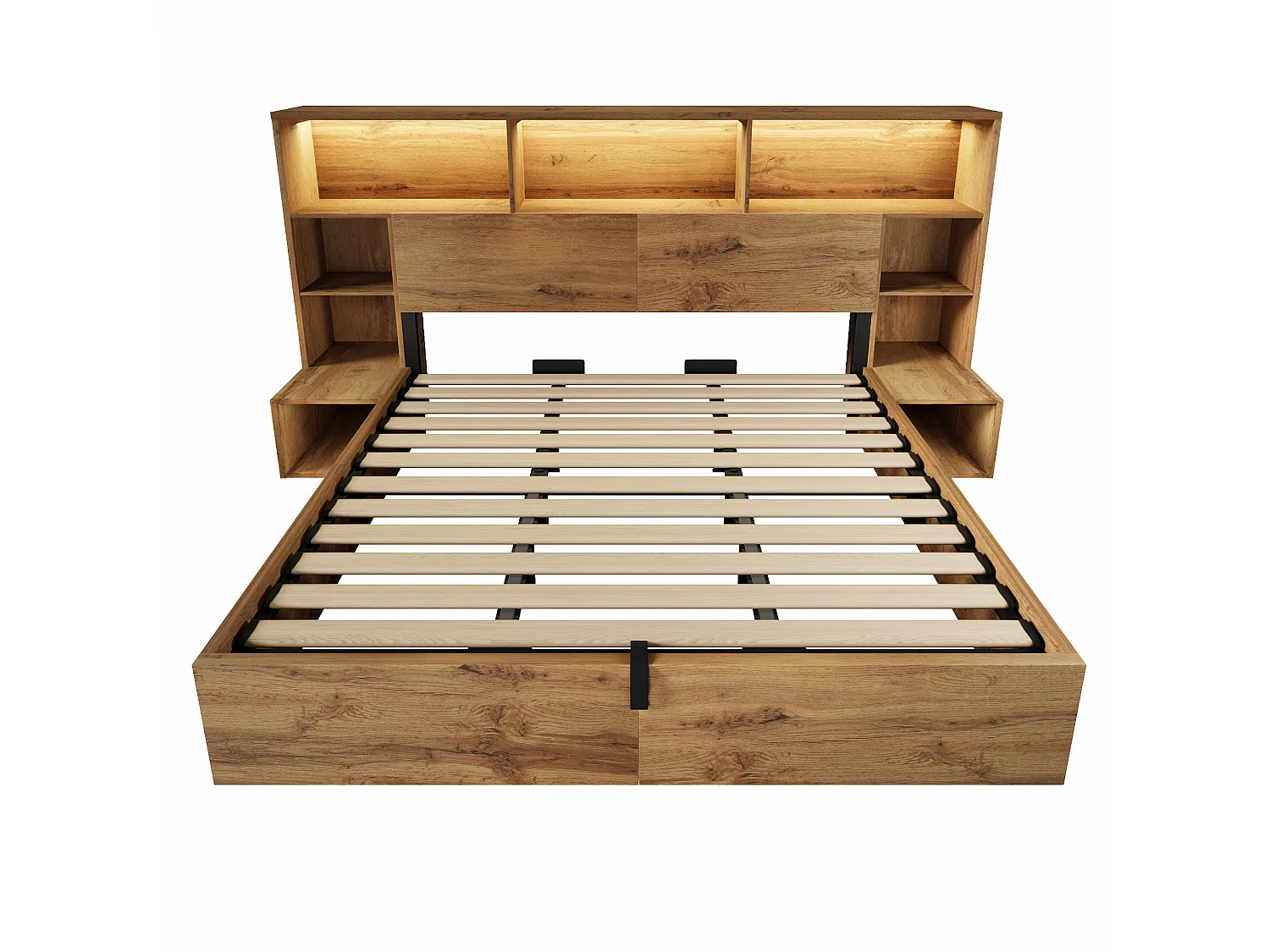 Lit double hydraulique 180x200 cm, chêne, avec LED, ports USB et Type-C, rangement intégré et tables de chevet, sans matelas