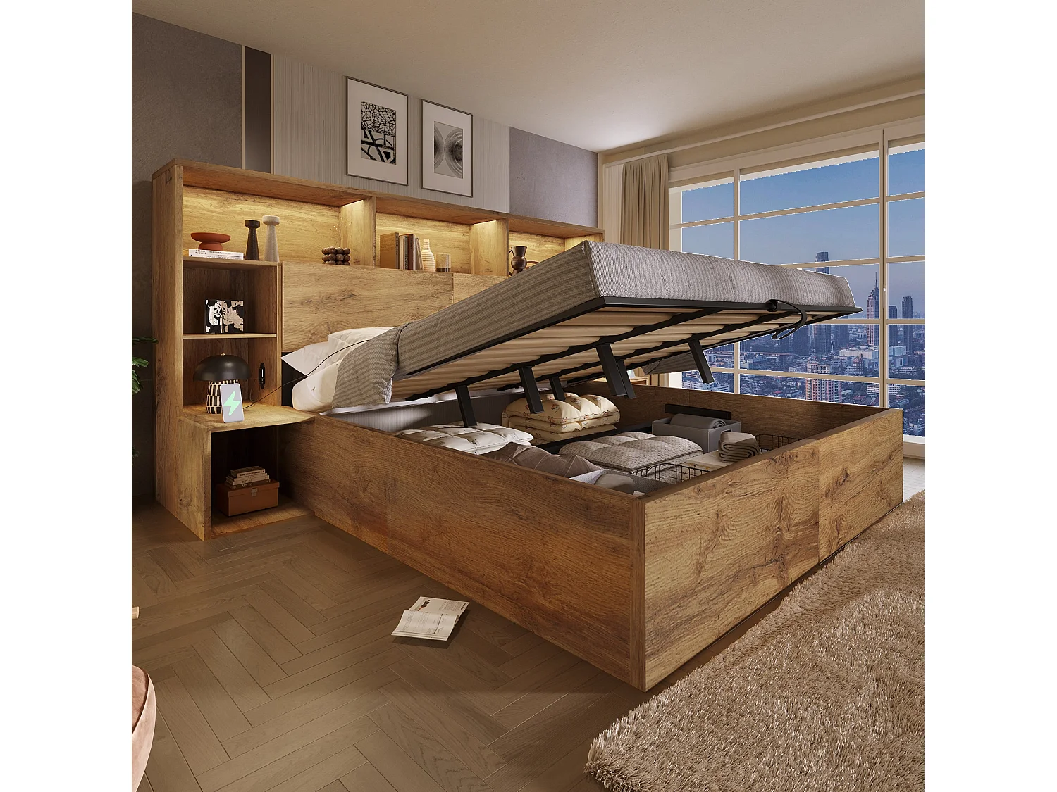 Lit double hydraulique 180x200 cm, chêne, avec LED, ports USB et Type-C, rangement intégré et tables de chevet, sans matelas