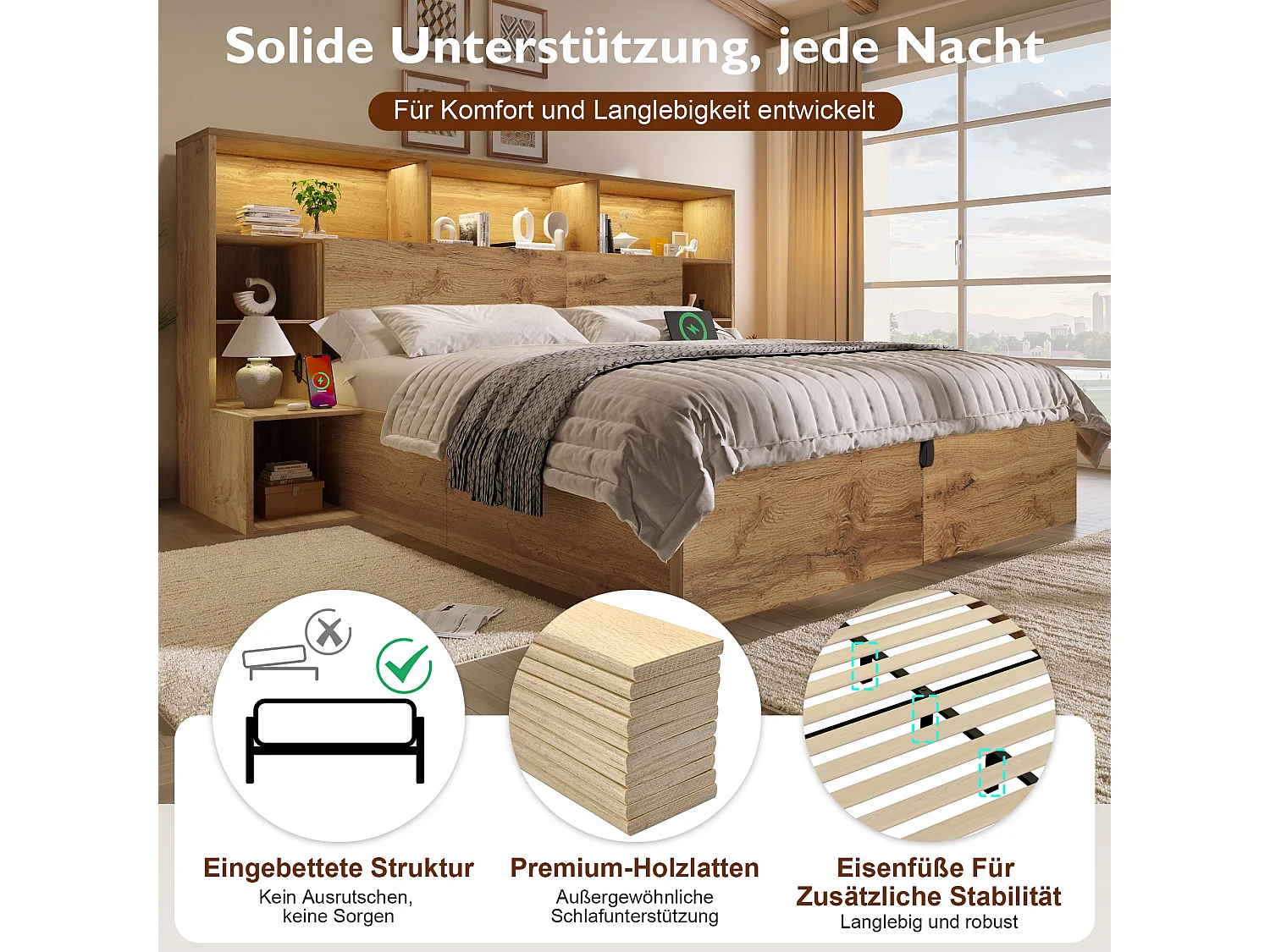 Lit double hydraulique 180x200 cm, chêne, avec LED, ports USB et Type-C, rangement intégré et tables de chevet, sans matelas
