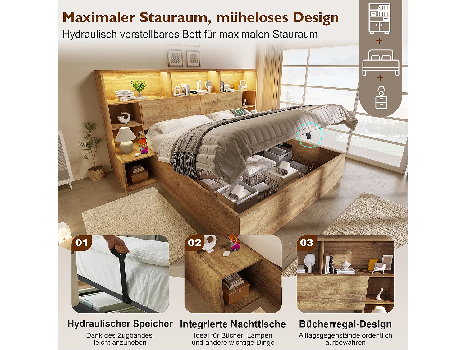 Lit double hydraulique 180x200 cm, chêne, avec LED, ports USB et Type-C, rangement intégré et tables de chevet, sans matelas