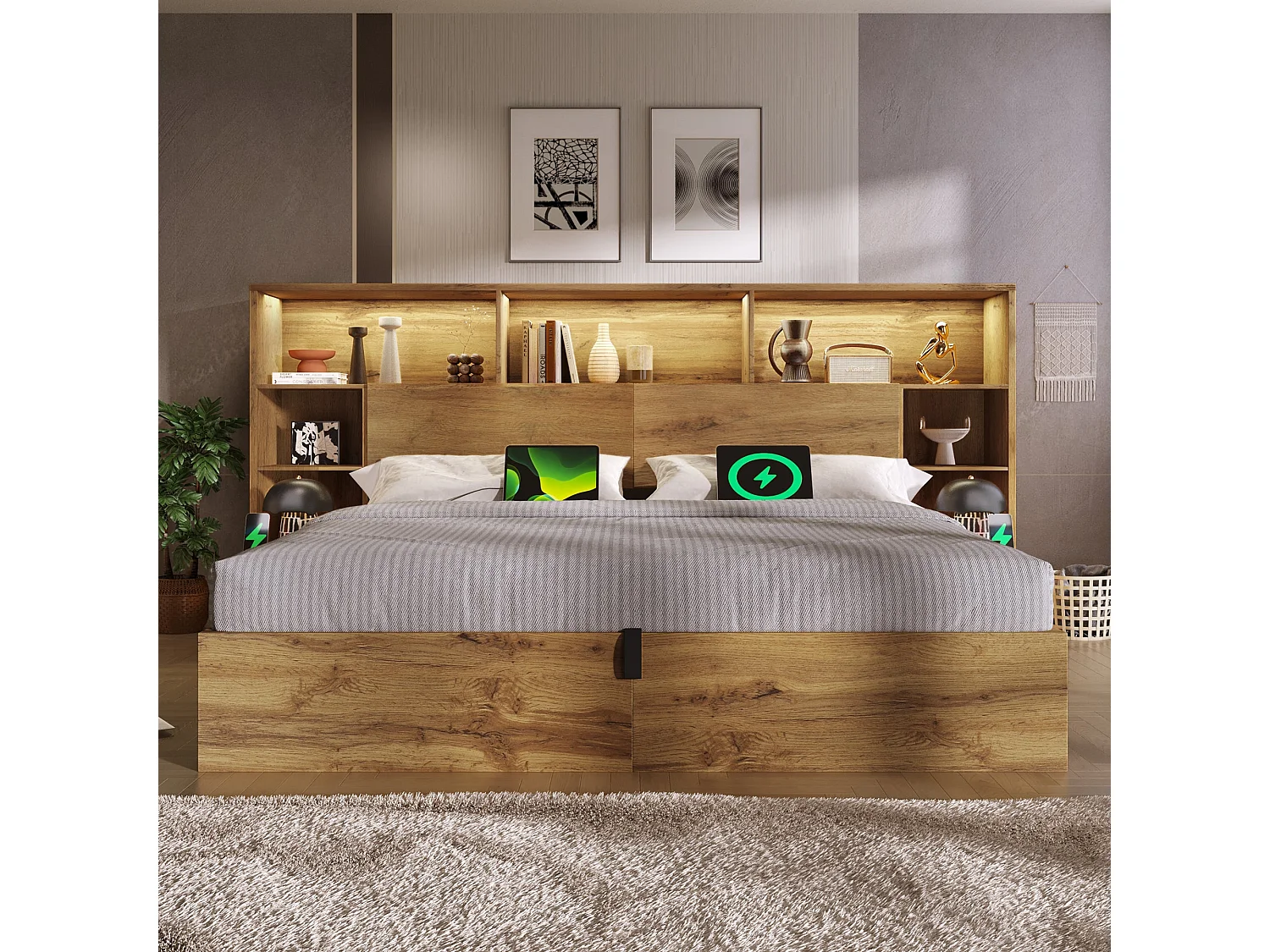 Lit double hydraulique 180x200 cm, chêne, avec LED, ports USB et Type-C, rangement intégré et tables de chevet, sans matelas