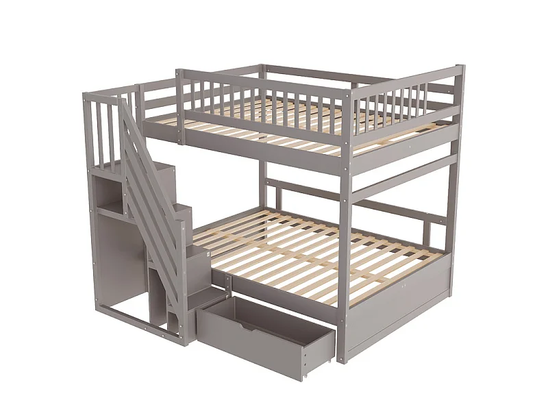 Literas 2x140x200cm - con escalera y cajón - Pino+Contrachapado+MDF - Gris