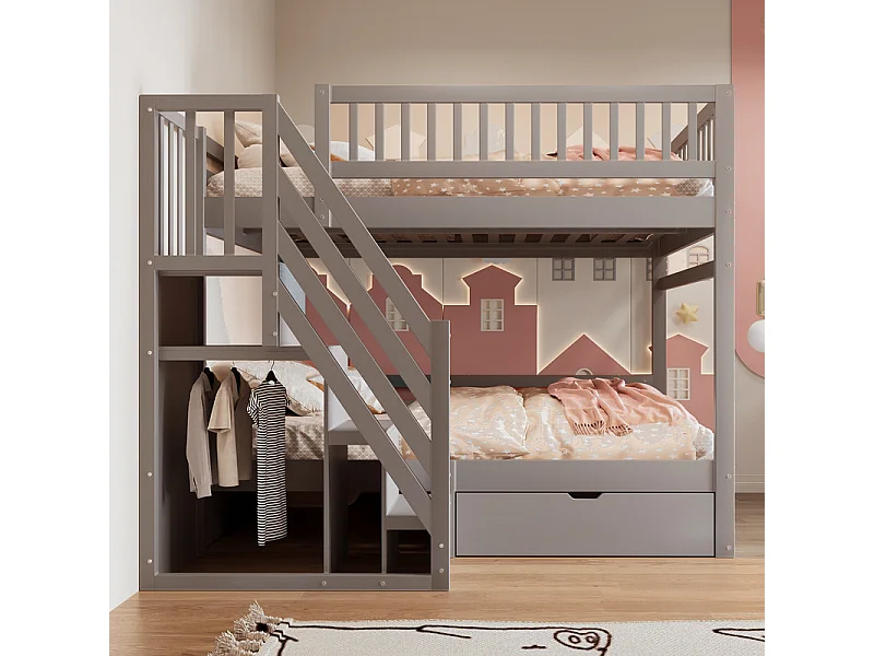 Literas 2x140x200cm - con escalera y cajón - Pino+Contrachapado+MDF - Gris