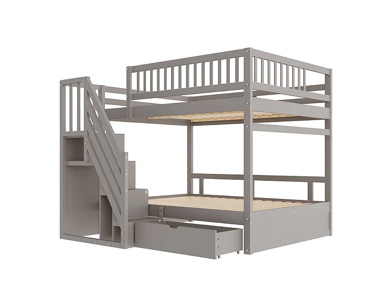 Literas 2x140x200cm - con escalera y cajón - Pino+Contrachapado+MDF - Gris