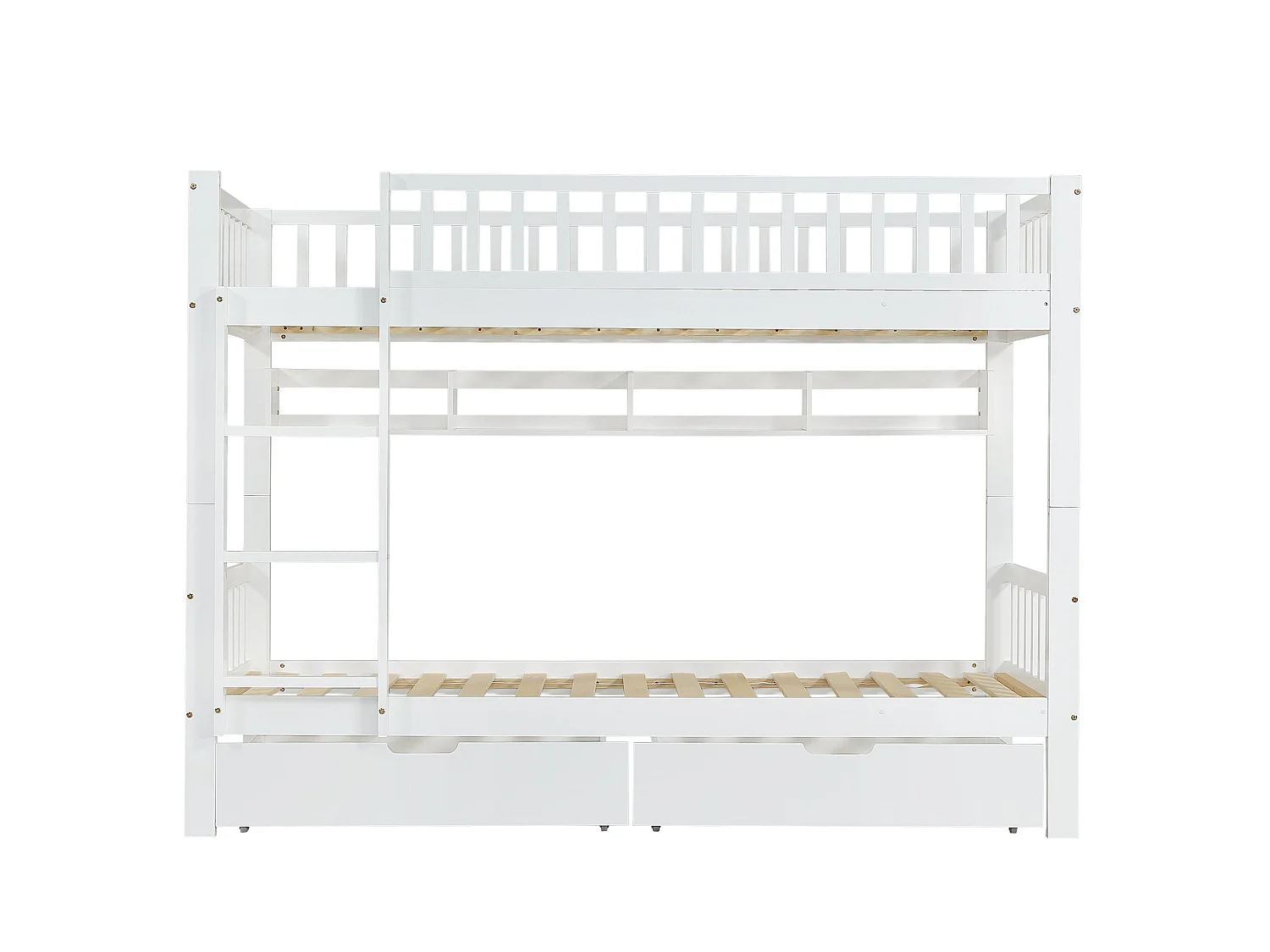 Lit superposé enfant 90x200 cm, bois massif blanc, avec échelle, tiroirs et garde-corps, sans matelas