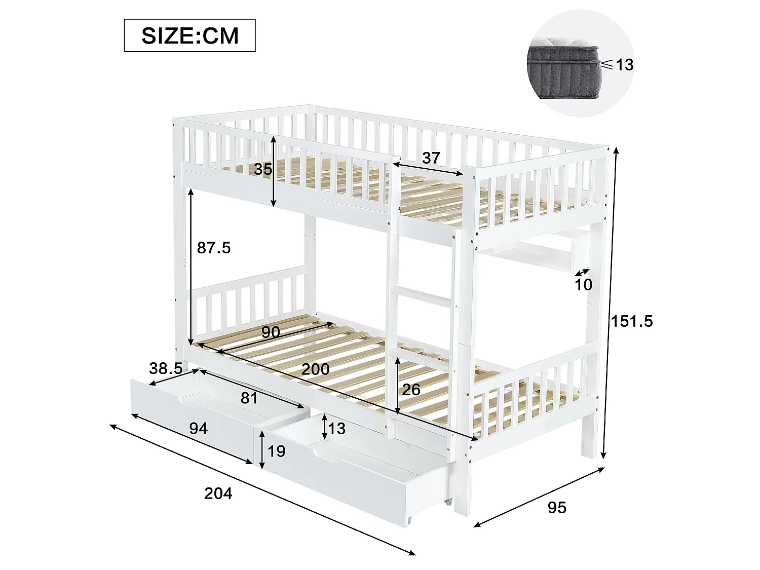 Lit superposé enfant 90x200 cm, bois massif blanc, avec échelle, tiroirs et garde-corps, sans matelas