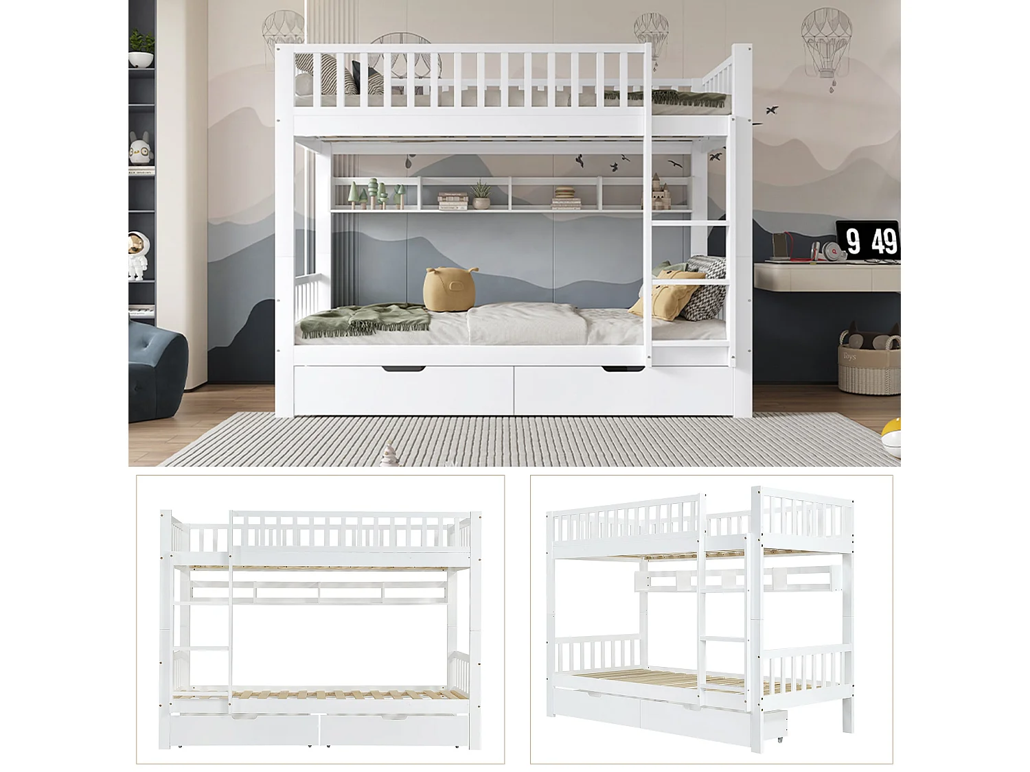 Lit superposé enfant 90x200 cm, bois massif blanc, avec échelle, tiroirs et garde-corps, sans matelas