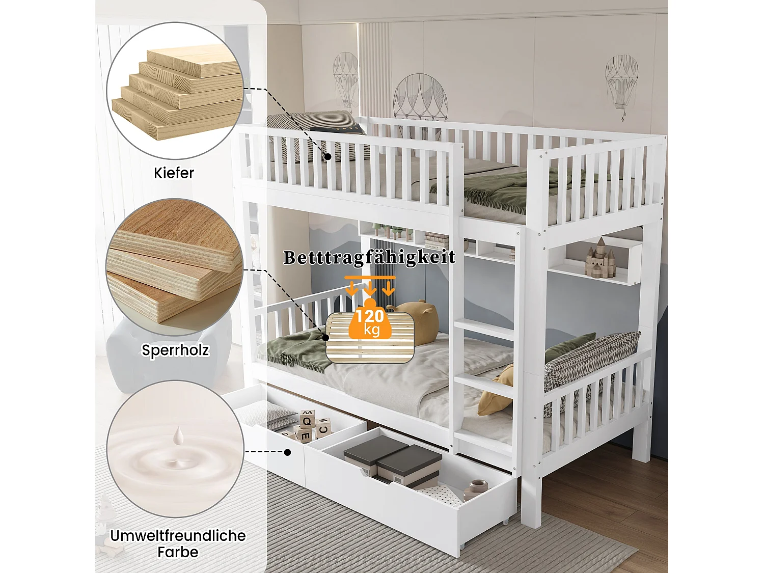 Lit superposé enfant 90x200 cm, bois massif blanc, avec échelle, tiroirs et garde-corps, sans matelas