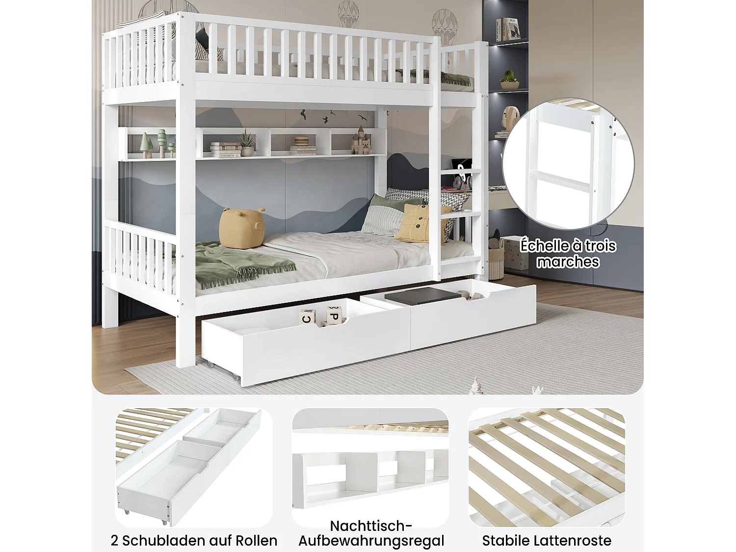 Lit superposé enfant 90x200 cm, bois massif blanc, avec échelle, tiroirs et garde-corps, sans matelas