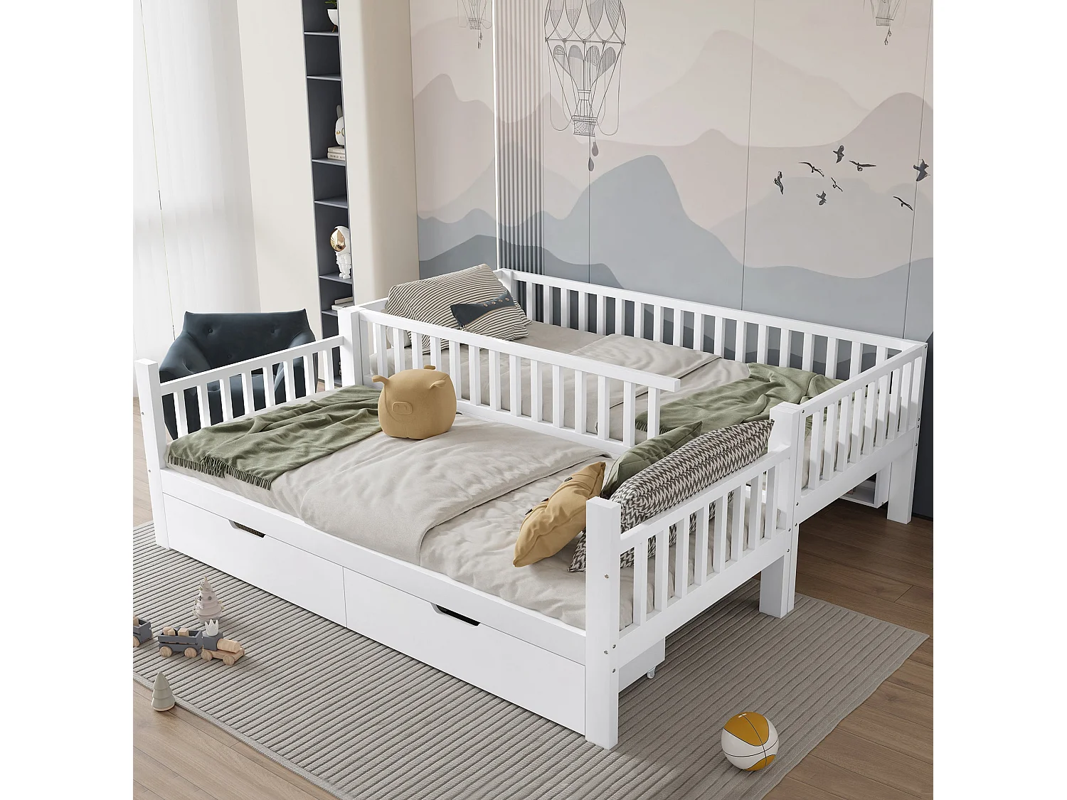 Lit superposé enfant 90x200 cm, bois massif blanc, avec échelle, tiroirs et garde-corps, sans matelas