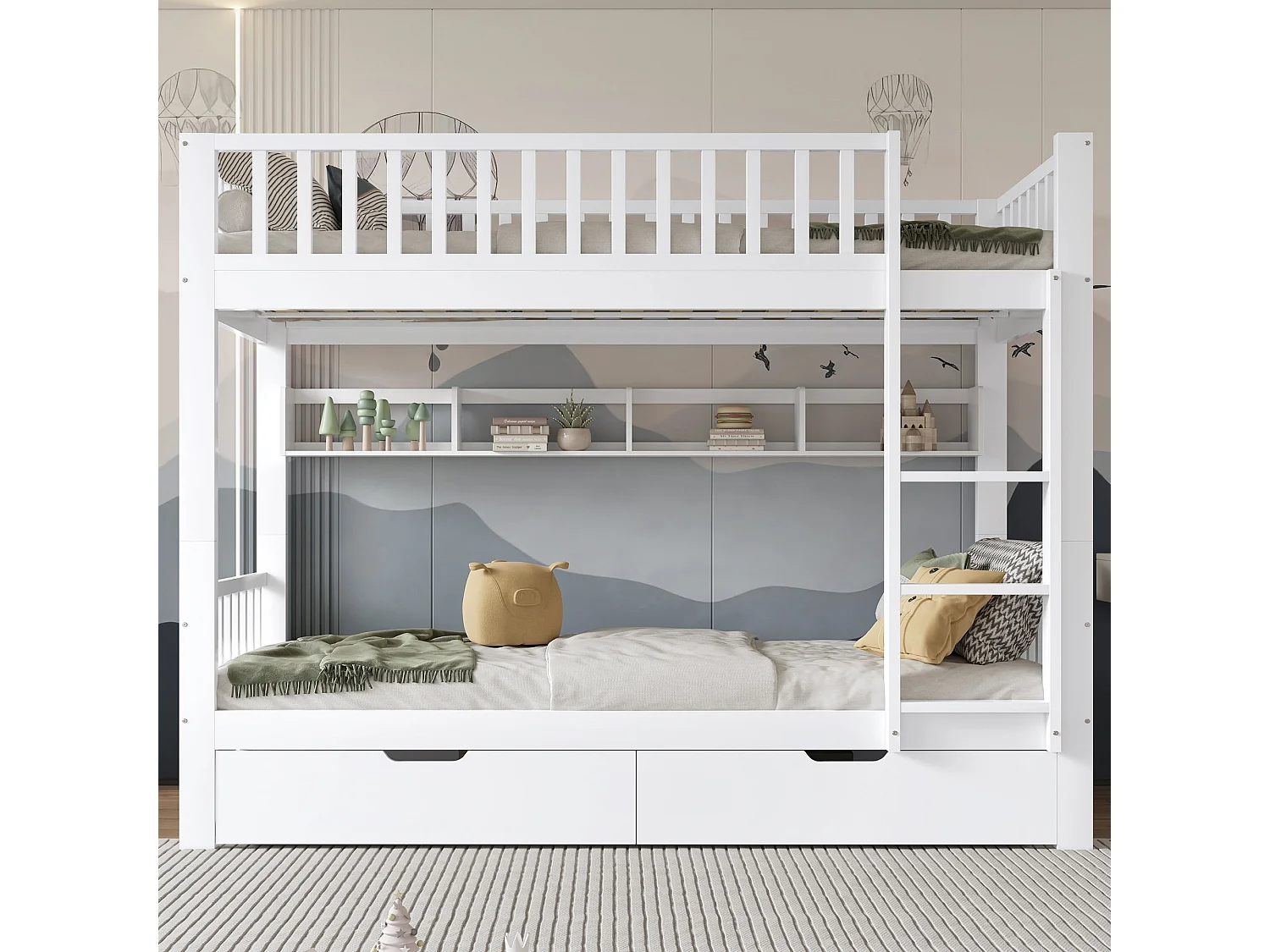Lit superposé enfant 90x200 cm, bois massif blanc, avec échelle, tiroirs et garde-corps, sans matelas