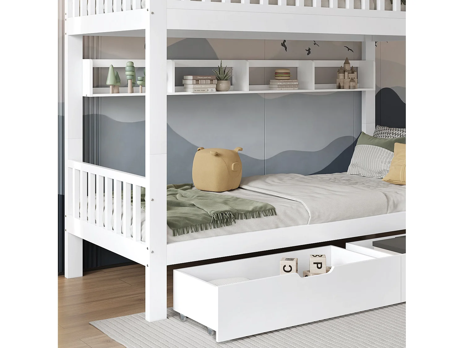 Lit superposé enfant 90x200 cm, bois massif blanc, avec échelle, tiroirs et garde-corps, sans matelas