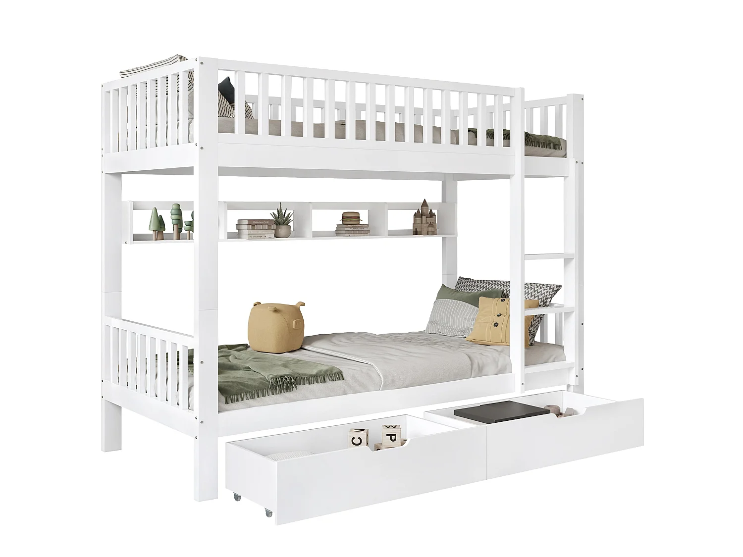 Lit superposé enfant 90x200 cm, bois massif blanc, avec échelle, tiroirs et garde-corps, sans matelas