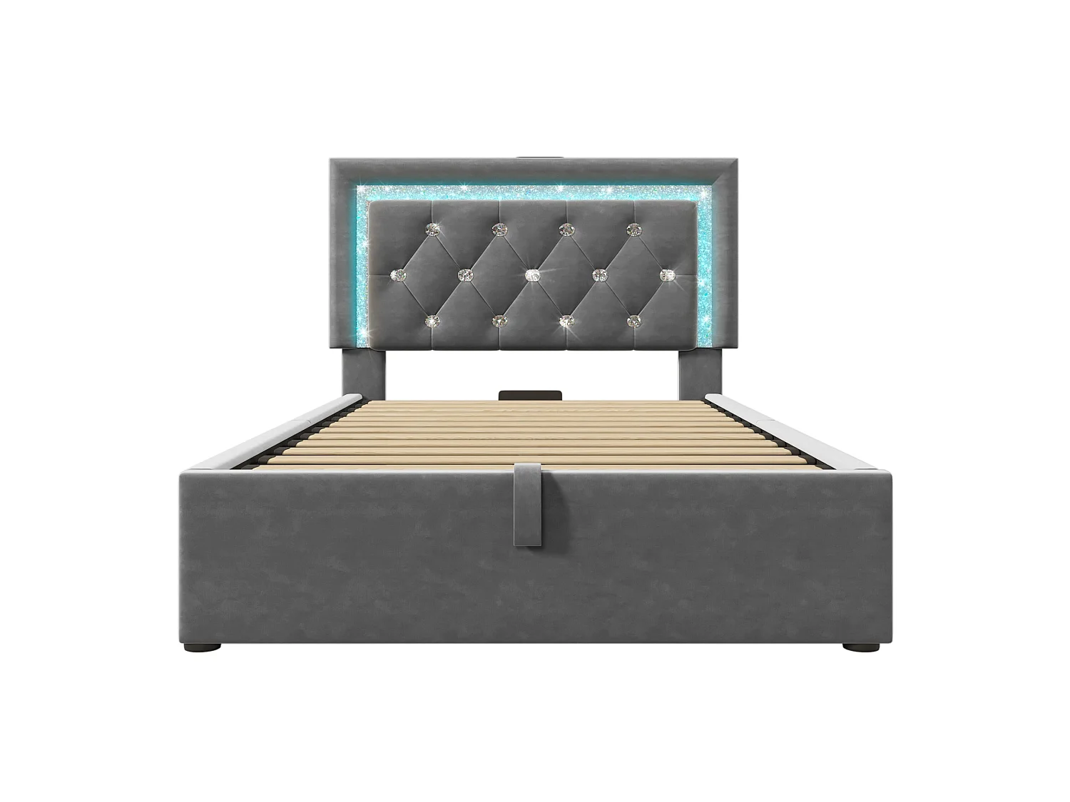 Lit 2 places capitonné 140x200 cm, velours gris, avec LED diamant, ports USB et Type-C, tête de lit réglable, rangement hydraulique, sans matelas