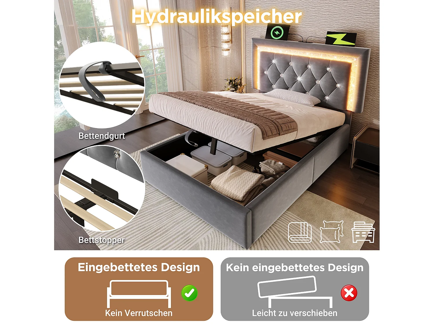 Lit 2 places capitonné 140x200 cm, velours gris, avec LED diamant, ports USB et Type-C, tête de lit réglable, rangement hydraulique, sans matelas