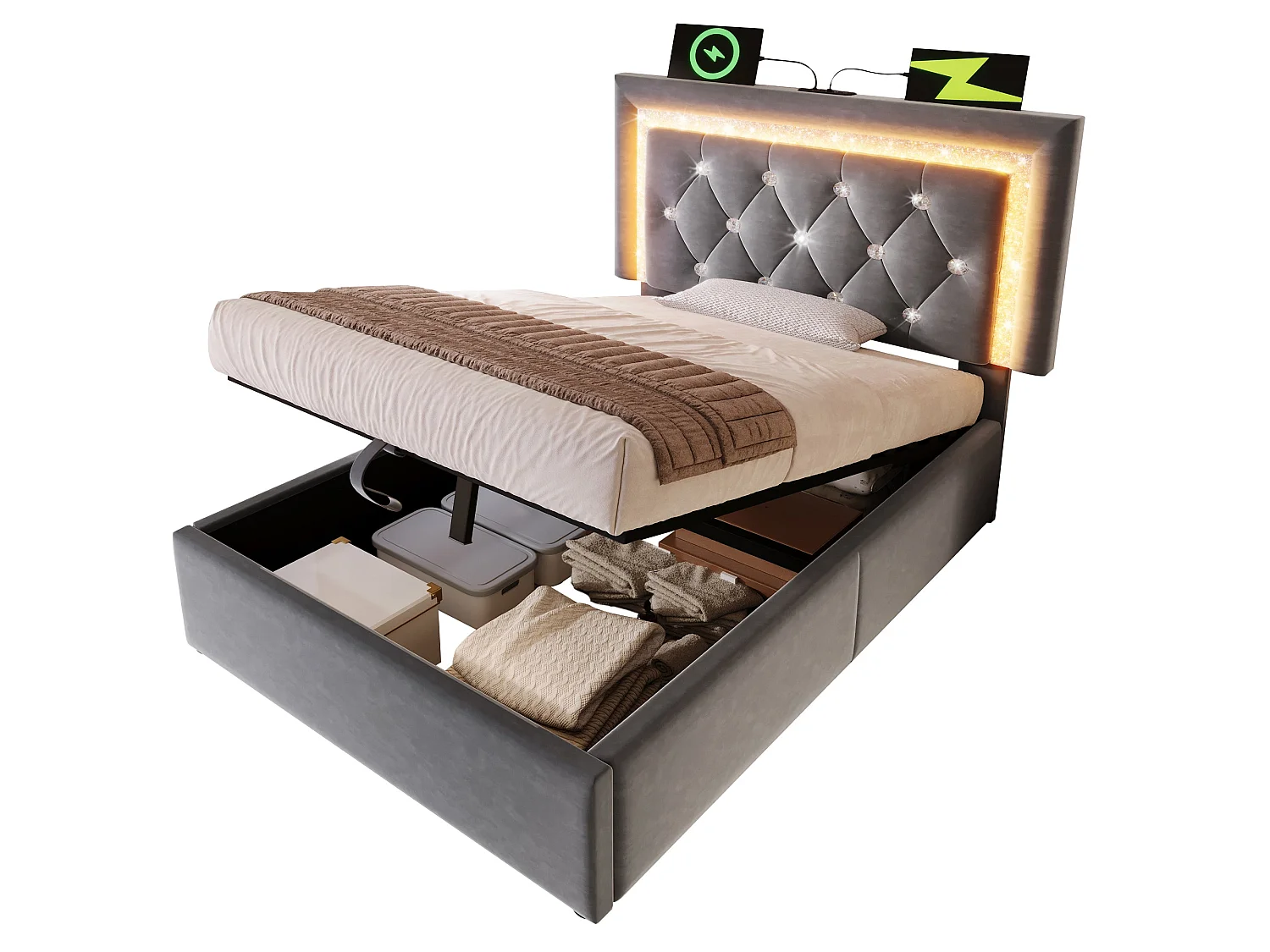 Lit 2 places capitonné 140x200 cm, velours gris, avec LED diamant, ports USB et Type-C, tête de lit réglable, rangement hydraulique, sans matelas