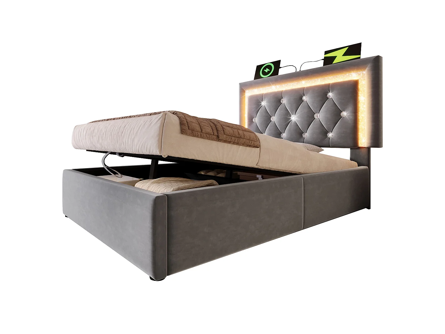 Lit 2 places capitonné 140x200 cm, velours gris, avec LED diamant, ports USB et Type-C, tête de lit réglable, rangement hydraulique, sans matelas