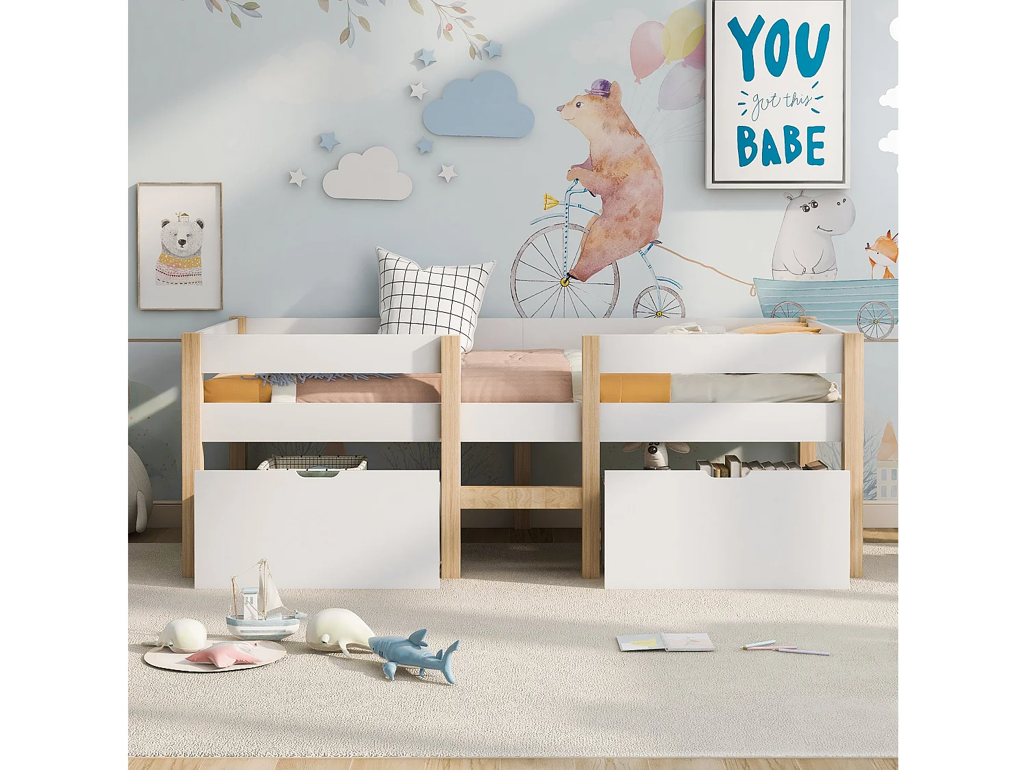Lit enfant semi-haut 90x190 cm, pin massif blanc, avec tiroir de rangement, échelle et barrière de sécurité, sans matelas