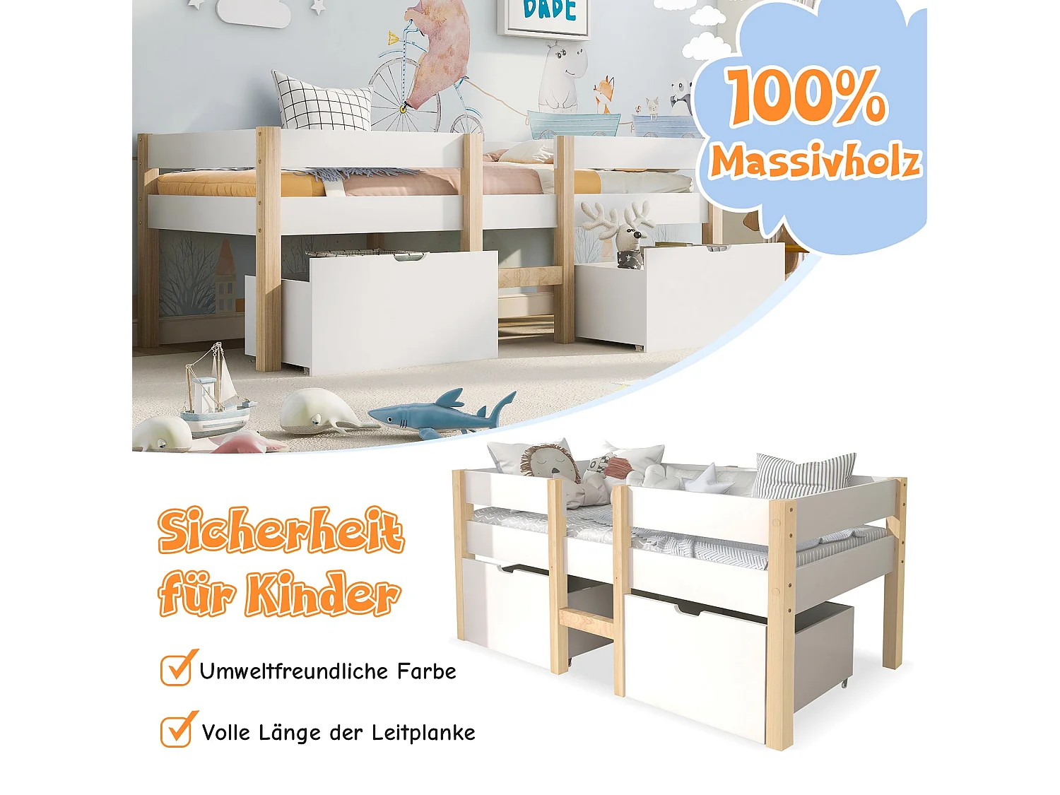 Lit enfant semi-haut 90x190 cm, pin massif blanc, avec tiroir de rangement, échelle et barrière de sécurité, sans matelas
