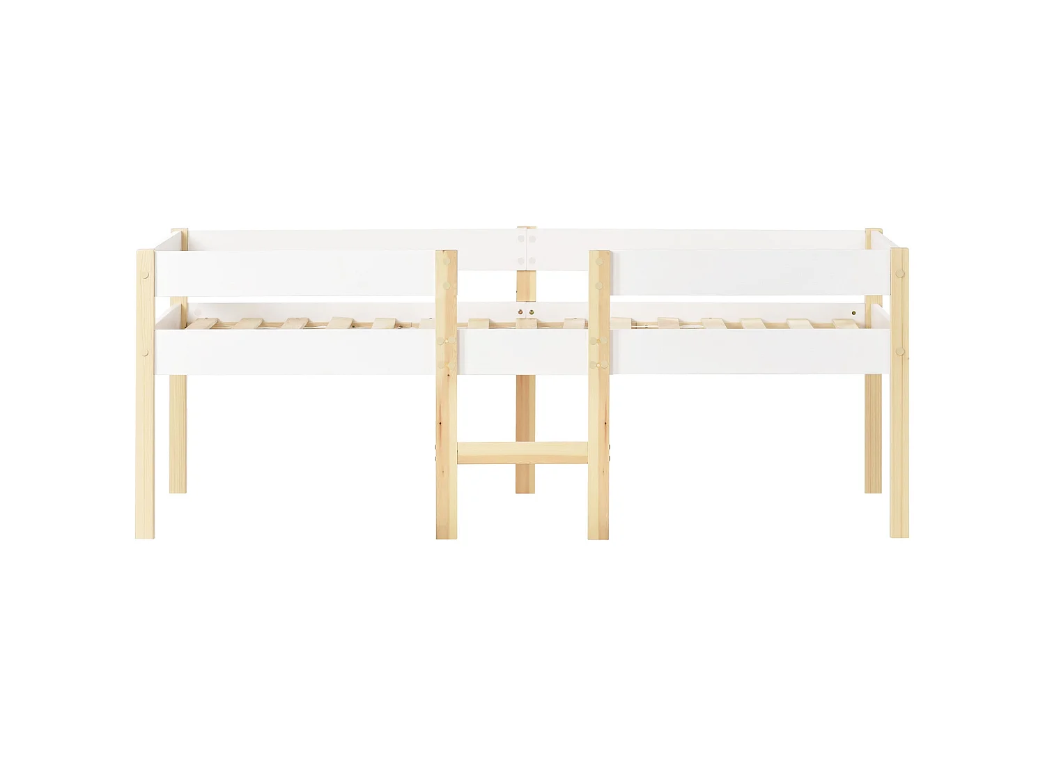 Lit enfant semi-haut 90x190 cm, pin massif blanc, avec tiroir de rangement, échelle et barrière de sécurité, sans matelas
