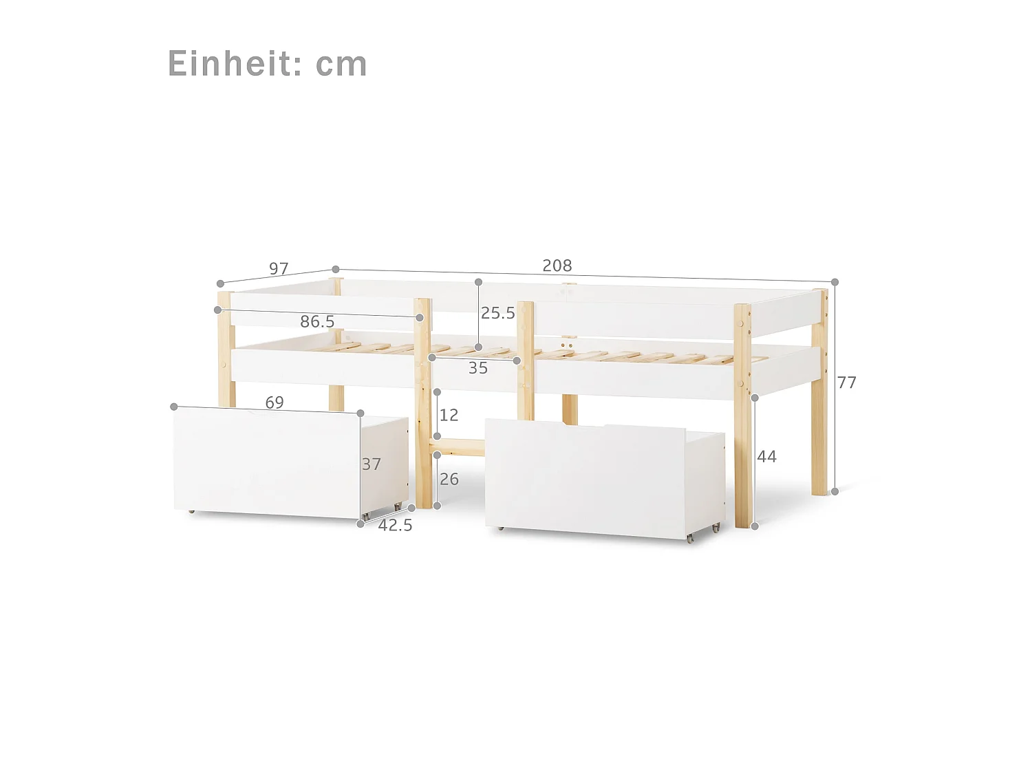 Lit enfant semi-haut 90x200 cm, pin massif blanc, avec tiroir de rangement, échelle et barrière de sécurité, sans matelas