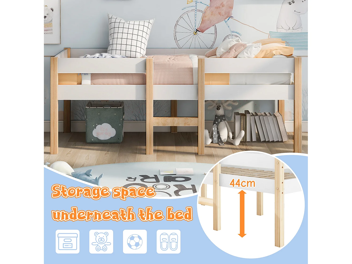 Lit enfant semi-haut 90x200 cm, pin massif blanc, avec tiroir de rangement, échelle et barrière de sécurité, sans matelas