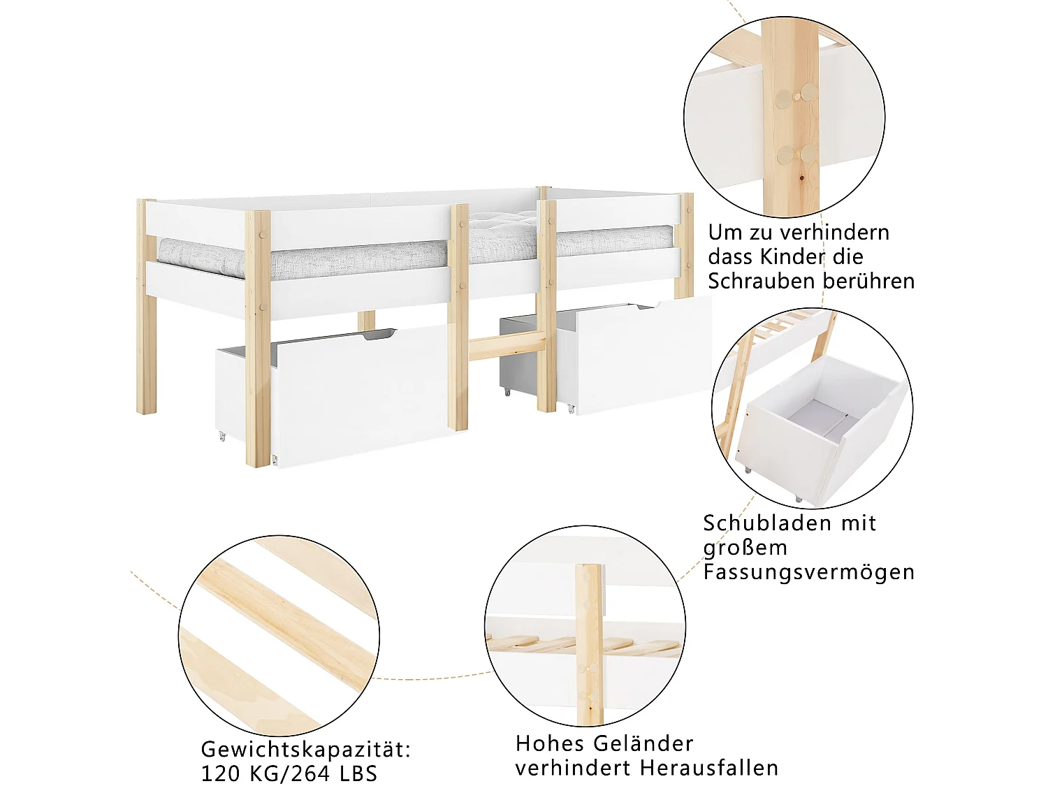 Lit enfant semi-haut 90x200 cm, pin massif blanc, avec tiroir de rangement, échelle et barrière de sécurité, sans matelas