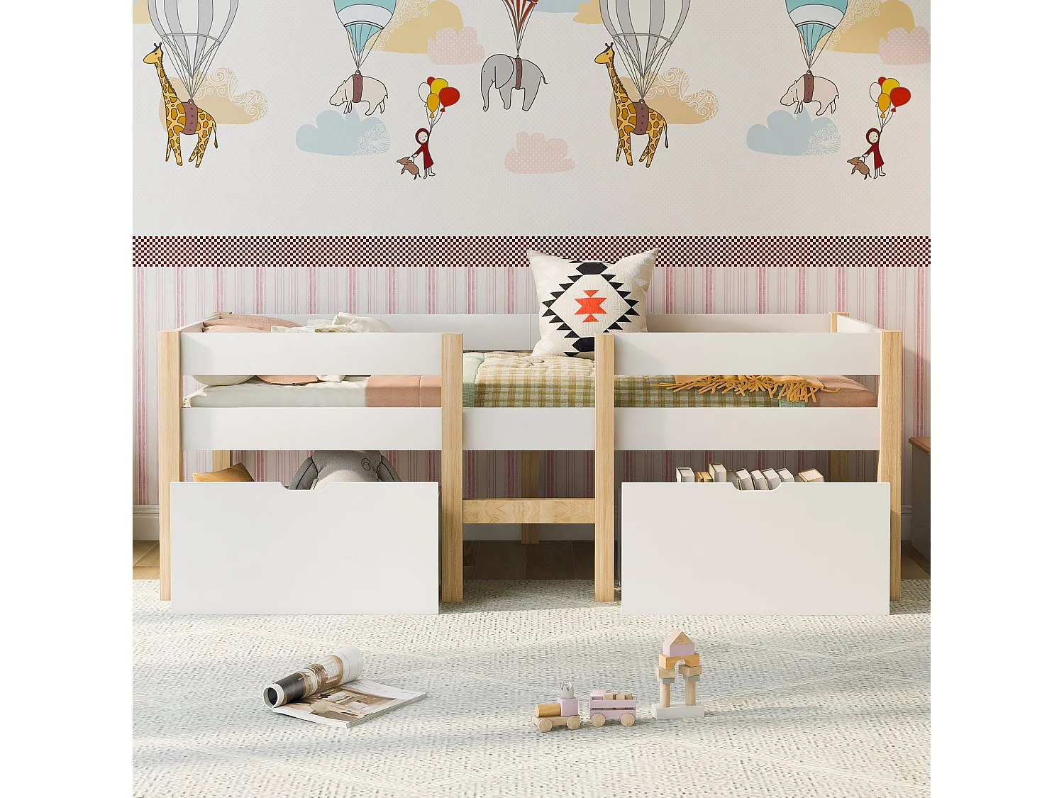 Lit enfant semi-haut 90x200 cm, pin massif blanc, avec tiroir de rangement, échelle et barrière de sécurité, sans matelas